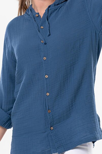 Eliş Şile Bezi Γυναικεία καλοκαιρινή μουσελίνα φούτερ με μακρυμάνικη κουκούλα Indigo indg