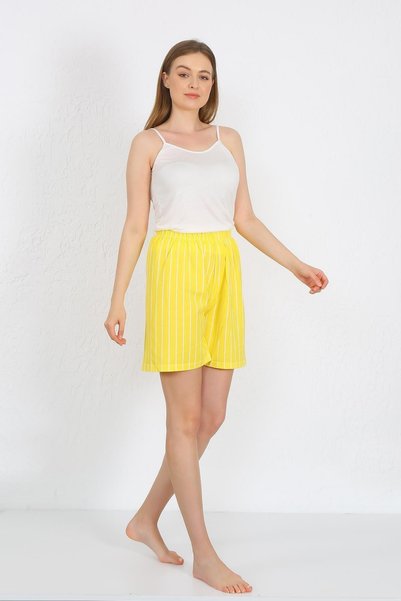 Mestore Fashion Stripe Women's Rope Strap Cotton Combed Shorts Set Yellow 3620