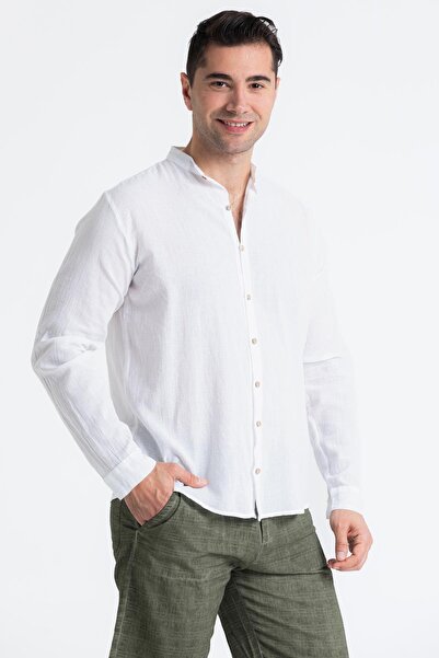 Eliş Şile Bezi Μακρυμάνικο ανδρικό καλοκαιρινό πουκάμισο Poplin Aegean White Byz