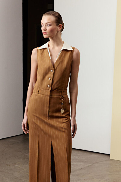 Berr-ın Ριγέ φόρεμα με γιακά με αντίθεση καφέ