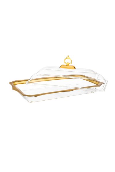 Dania Rectangular acrylic serving plate with a golden cover for pastries, sweets and all buffets, size 54*32 cm