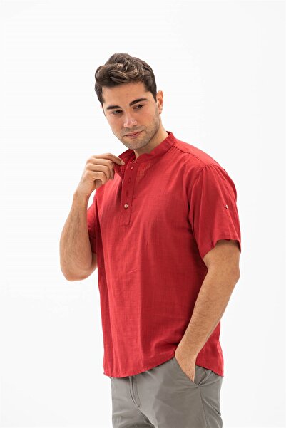 Eliş Şile Bezi Short Sleeve Şile Cloth Bodrum Men's T-shirt Red 3051