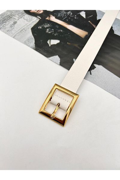 MODAM HİFA Square Buckle Gold Women's Belt Trouser Belt Dress Belt Shirt Belt Coat Belt