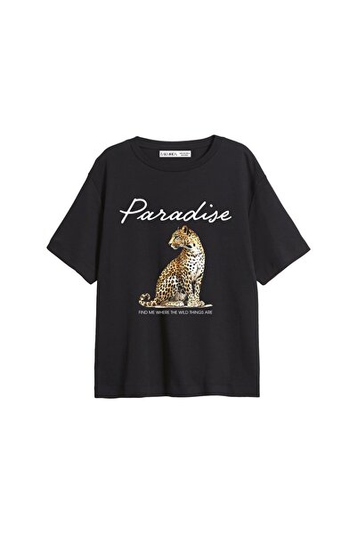 Bak Moda Paradise Štampano opuštena crna ženska majica