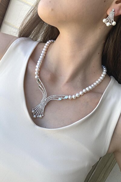 Birinci1926 925 Ayar Gümüş Kadın Zirkon Taşlı Doğal Inci Küpe Kolye Ikili Set