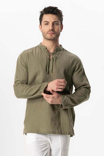 Eliş Şile Bezi Ανδρικό μακρυμάνικο μπλουζάκι Khaki Hk Lace Up Muslimen Summer