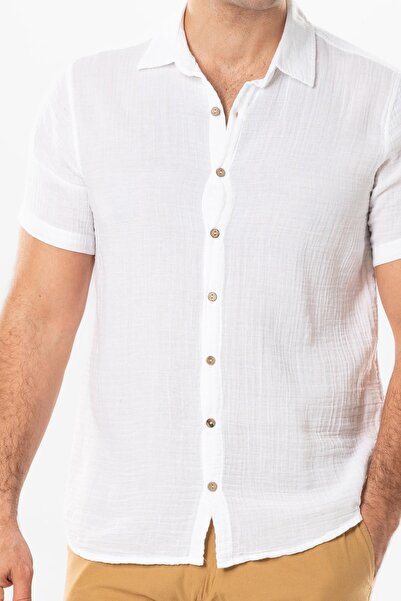 Eliş Şile Bezi Short Sleeve Men's Summer Muslin Shirt White Byz