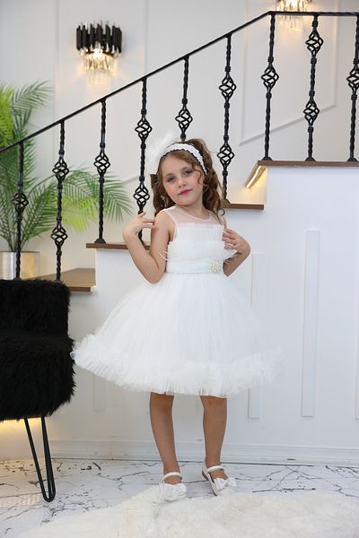 MİSS RAİN Girl's Tulle Evening Dress with Skirt Tip and Breast Ruffle Detail with Stone Accessories