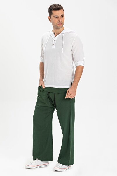 Eliş Şile Bezi Ανδρικό φούτερ με κουκούλα Şile υφασμάτινη διπλή τσέπη Λευκό Byz