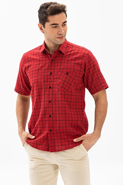 Eliş Şile Bezi Short Sleeve Sile Cloth Single Pocket Men's Summer Shirt Red C...