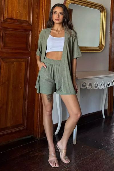 NO 601 Women's Green Wrap Kimono Vest Shorts Top and Bottom Set