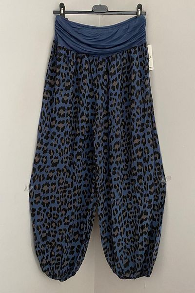AYASOFYA OTANTIK Women's Italian Blue Ethnic Leopard Patterned Viscose Loose Baggy Trousers with Elastic Waist and Legs