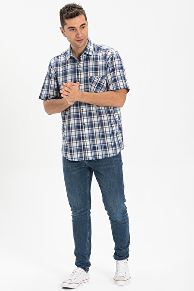 Eliş Şile Bezi Короткий рукав Шіле Тканина Один кишеню Чоловічий Літній сорочка Синій Картатий 3058