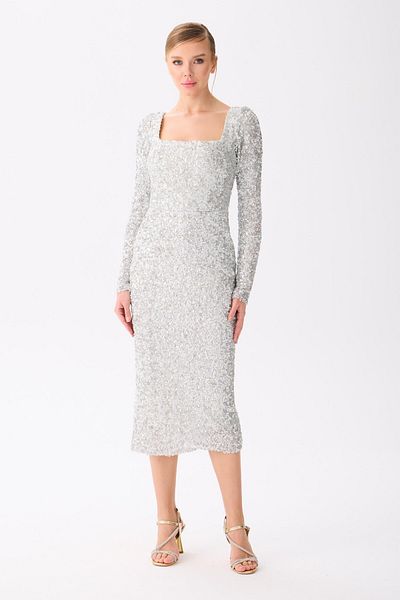 Carmen Silver Long Sleeve Sequined Evening Dress