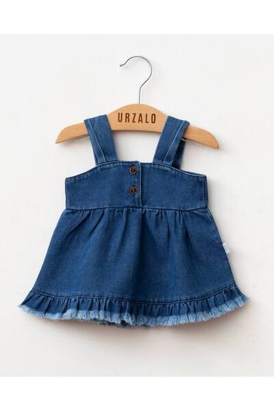 Baby Urzalo Püsküllü Kız Bebek Kot Jile Elbise %100 Pamuk Likralı Ribana Balon Bluz Jean Takım