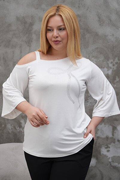 Siyezen Plus Size Single Shoulder Strap Ribbon Stone Blouse