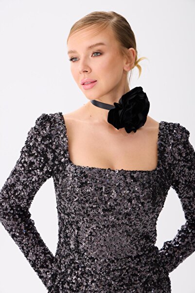 Carmen Siyah Uzun Kollu Payetli Abiye Elbise