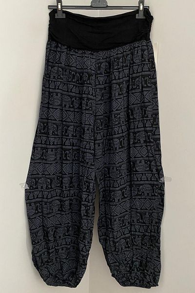 AYASOFYA OTANTIK Women's Italian Black Ethnic Elephant Patterned Viscose Loose Baggy Trousers with Elastic Waist and Legs