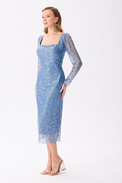 Carmen İndigo Uzun Kollu Payetli Abiye Elbise