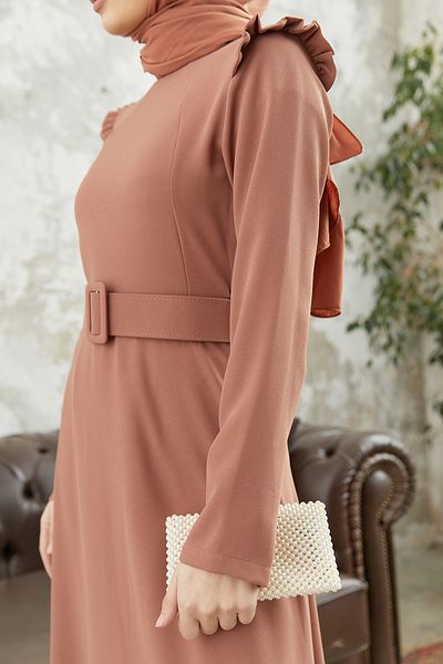 VAVİNOR Shoulder Flounce Belted Dress - Camel