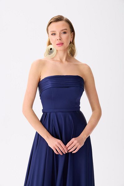 Carmen Navy Blue Strapless Satin Evening Dress
