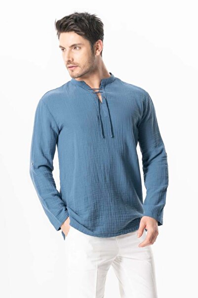 Eliş Şile Bezi Ανδρικό καλοκαιρινό μπλουζάκι με μακρύ μανίκι με λαιμόκοψη με κορδόνια μουσελίνα Indigo indg