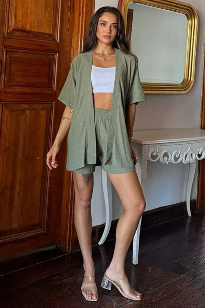 NO 601 Women's Green Wrap Kimono Vest Shorts Top and Bottom Set