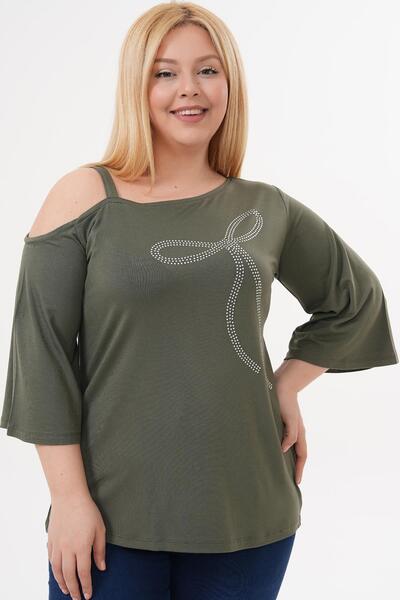 Siyezen Plus Size Single Shoulder Strap Ribbon Stone Blouse