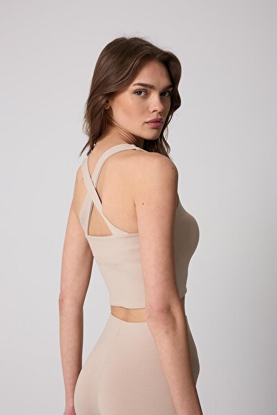 AMİDA Γυναικείο Crop Top Bustier Beige με σταυρωτό λουράκι στην πλάτη Slim Fi...