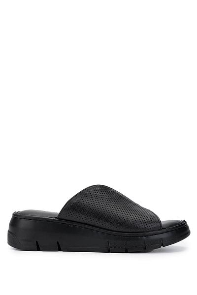 Tamer Tanca Women's Genuine Leather Black Leather Heeled Slippers