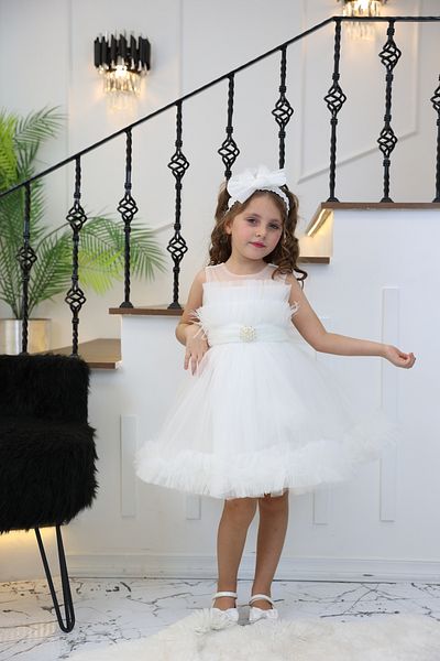 MİSS RAİN Girl's Tulle Evening Dress with Skirt Tip and Breast Ruffle Detail with Stone Accessories