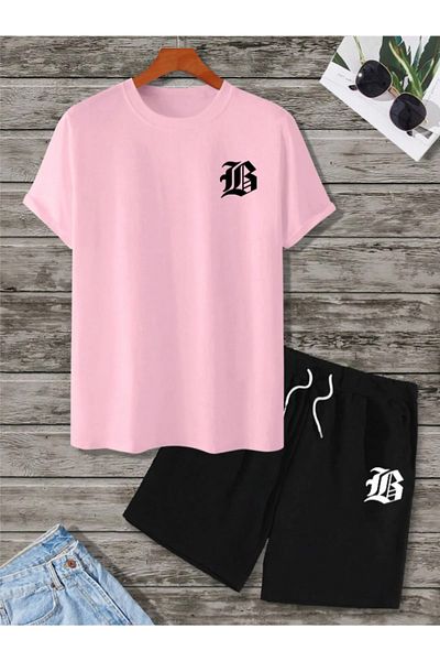 NO 601 Men's Pink B Printed T-Shirt Black Combed Cotton Shorts Set
