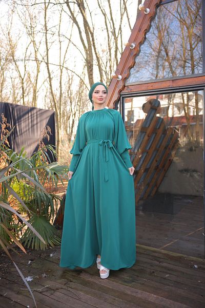 Nissra Ankanoor Emerald Green Raglan Sleeve Shirred Dress Anka 255072