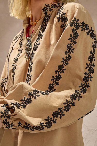 VAGGON Women's Beige Ethnic Patterned Balloon Sleeve Tie Front V-Neck Blouse Prm1374