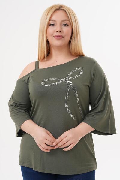 Siyezen Plus Size Single Shoulder Strap Ribbon Stone Blouse