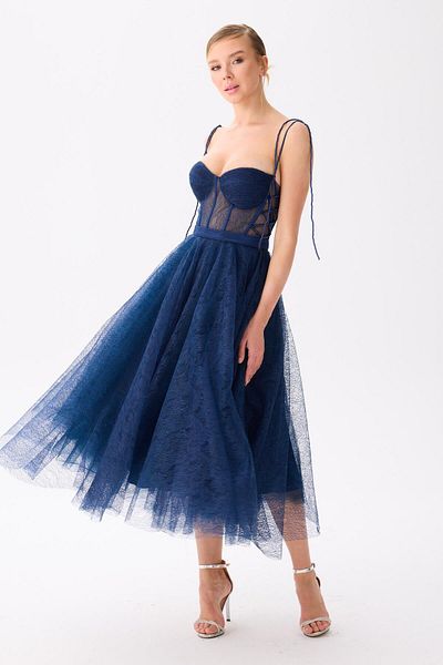 Carmen Navy Blue Midi Lace Evening Dress