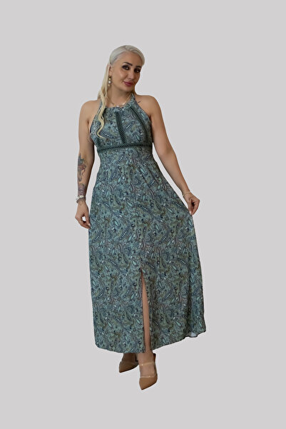 Arzuamber moda Şal Desen Fisto Detay Beli Gipeli Sırt Dekolteli Yırtmaçlı Su ...