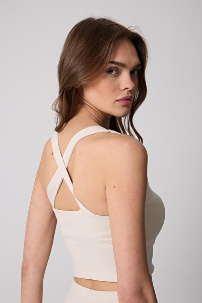 AMİDA Γυναικείο Crop Top Bustier Cream Χρώμα Πλάτη Σταυρός Λουράκι Slim Fit B...