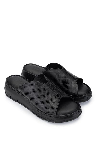 Tamer Tanca Women's Genuine Leather Black Leather Heeled Slippers
