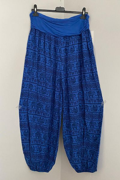 AYASOFYA OTANTIK Women's Italian Saks Blue Ethnic Elephant Patterned Viscose Loose Baggy Trousers with Elastic Waist and Legs