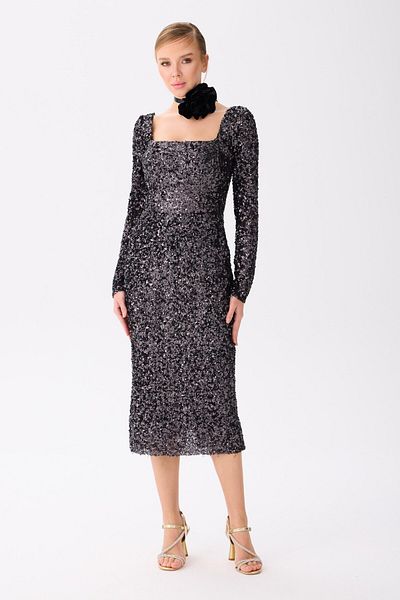 Carmen Black Long Sleeve Sequined Evening Dress