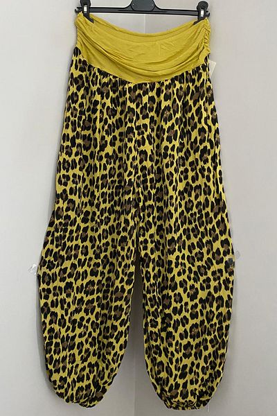 AYASOFYA OTANTIK Women's Italian Yellow Ethnic Leopard Patterned Viscose Loose Baggy Trousers with Elastic Waist and Legs