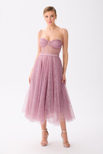 Carmen Lavender Midi Lace Evening Dress