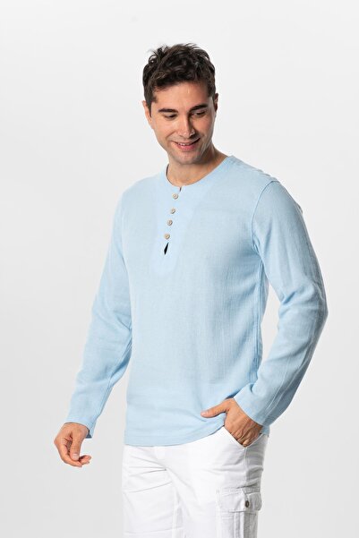 Eliş Şile Bezi Ανδρικό καλοκαιρινό μπλουζάκι Halicarnassus με μακρύ μανίκι με βιολετί κουμπί Ice Blue Bmv