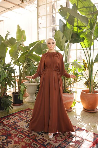 Nissra Ankanoor Tan Raglan Sleeve Gathered Dress Anka 255072