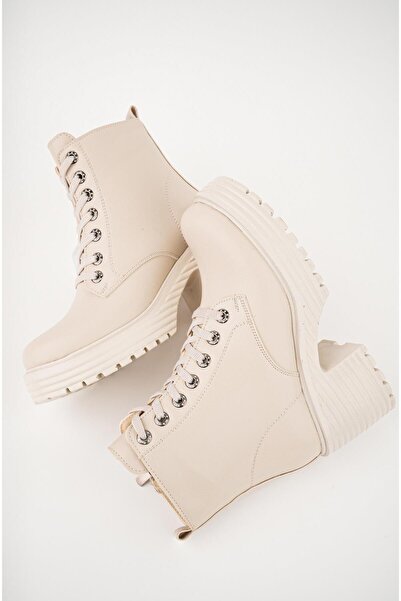 MUGGO Grazi Garantili Kalın Taban Platform Topuklu Fermuarlı Bağcıklı Kadın Bot