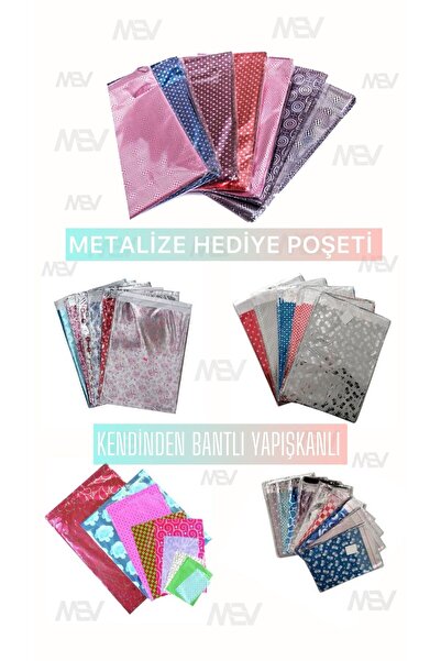 Meseve Metalize Bantlı Hediye Poşeti 100 Lü 11x12cm, Takı Nişan Mevlüt Kına Poşeti Hediye Paketi
