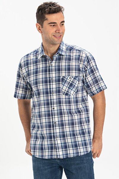 Eliş Şile Bezi Короткий рукав Шіле Тканина Один кишеню Чоловічий Літній сорочка Синій Картатий 3058