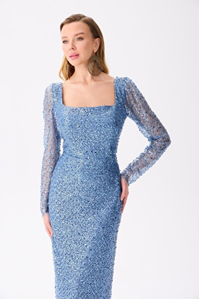 Carmen İndigo Uzun Kollu Payetli Abiye Elbise