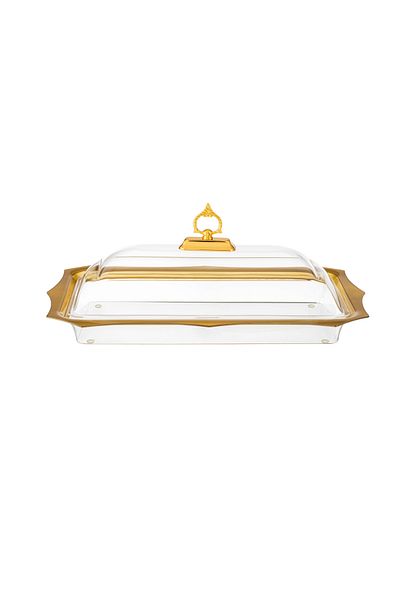 Dania Rectangular acrylic serving plate with a golden cover for pastries, sweets and all buffets, size 54*32 cm